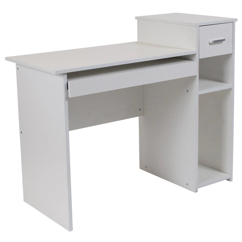 L-Shape Computer Desk with Sliding Keyboard Tray Box Drawer and Multi-Tier Storage Pedestal