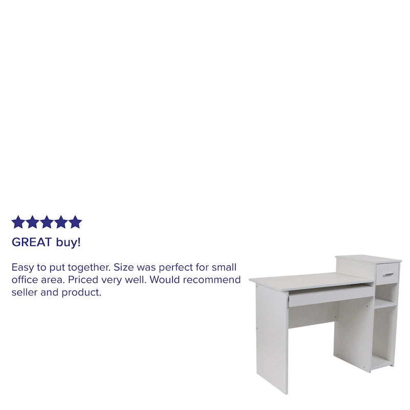L-Shape Computer Desk with Sliding Keyboard Tray Box Drawer and Multi-Tier Storage Pedestal