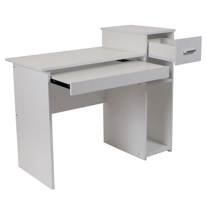 L-Shape Computer Desk with Sliding Keyboard Tray Box Drawer and Multi-Tier Storage Pedestal