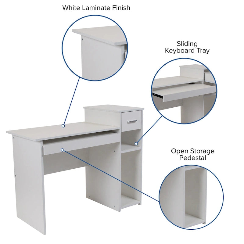 L-Shape Computer Desk with Sliding Keyboard Tray Box Drawer and Multi-Tier Storage Pedestal