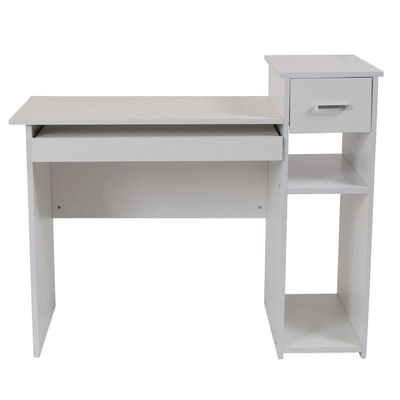 L-Shape Computer Desk with Sliding Keyboard Tray Box Drawer and Multi-Tier Storage Pedestal
