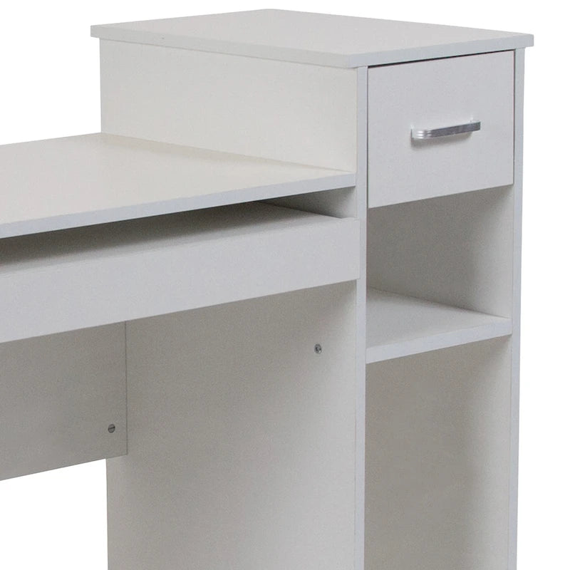 L-Shape Computer Desk with Sliding Keyboard Tray Box Drawer and Multi-Tier Storage Pedestal