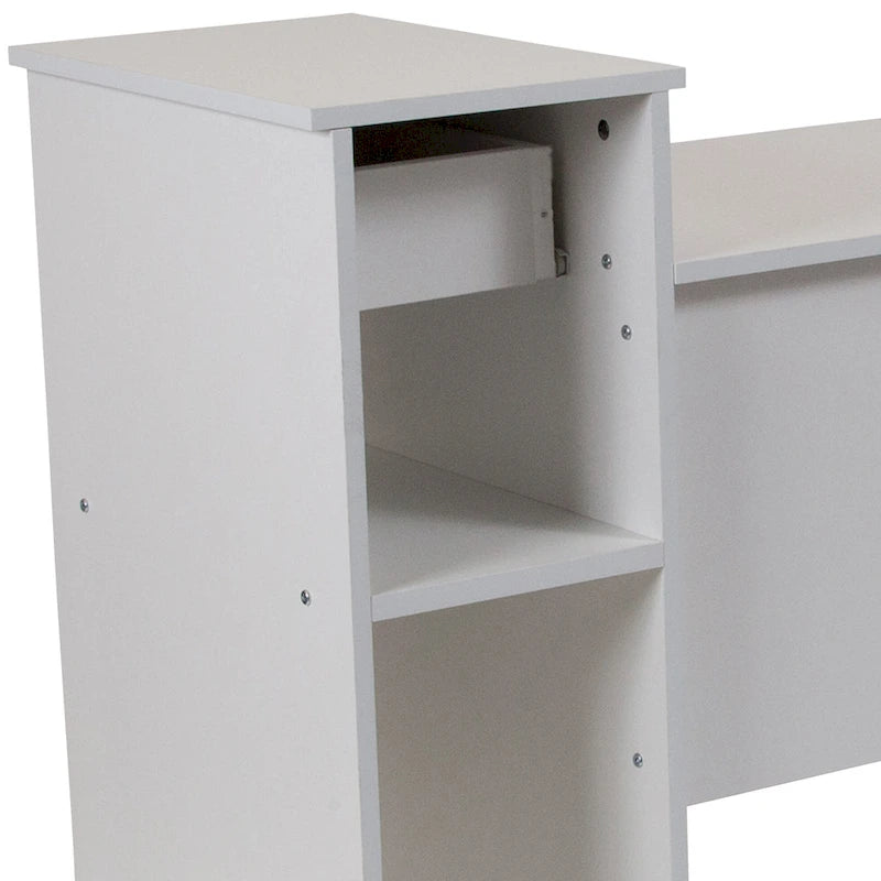 L-Shape Computer Desk with Sliding Keyboard Tray Box Drawer and Multi-Tier Storage Pedestal