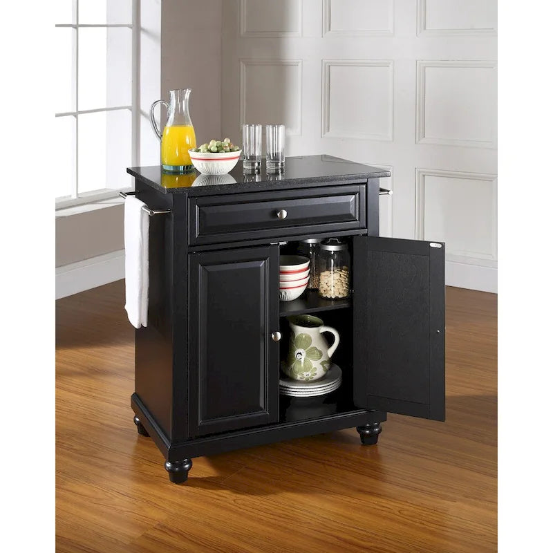 Portable Kitchen Island Cart with Solid Black Granite Top Raised Panel Doors Deep Drawer and Towel Rails
