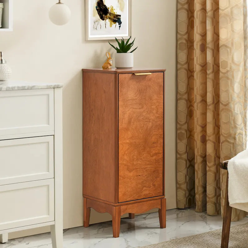 Freestanding Single Door Floor Storage Cabinet in Antique Brown with Gold Handle