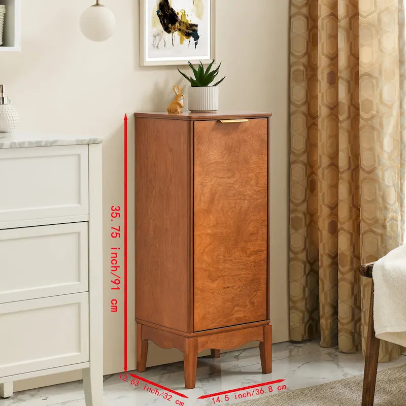 Freestanding Single Door Floor Storage Cabinet in Antique Brown with Gold Handle