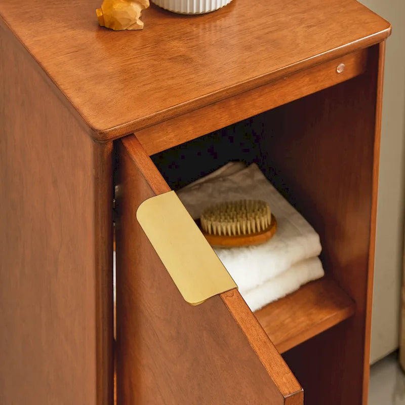 Freestanding Single Door Floor Storage Cabinet in Antique Brown with Gold Handle