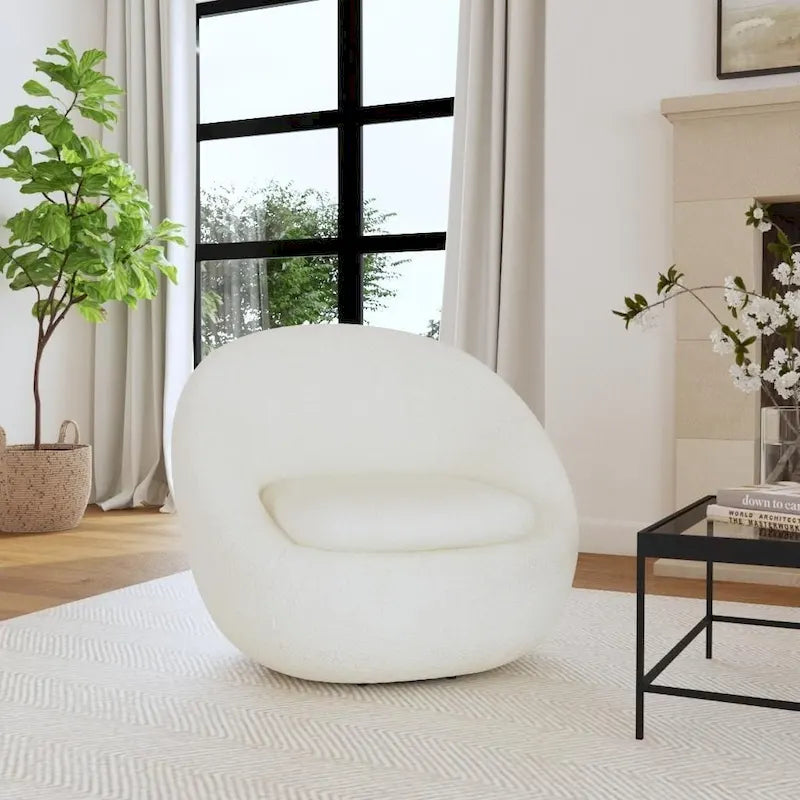 Round Barrel Swivel Accent Chair in Cream White Sherpa with Removable Cushion
