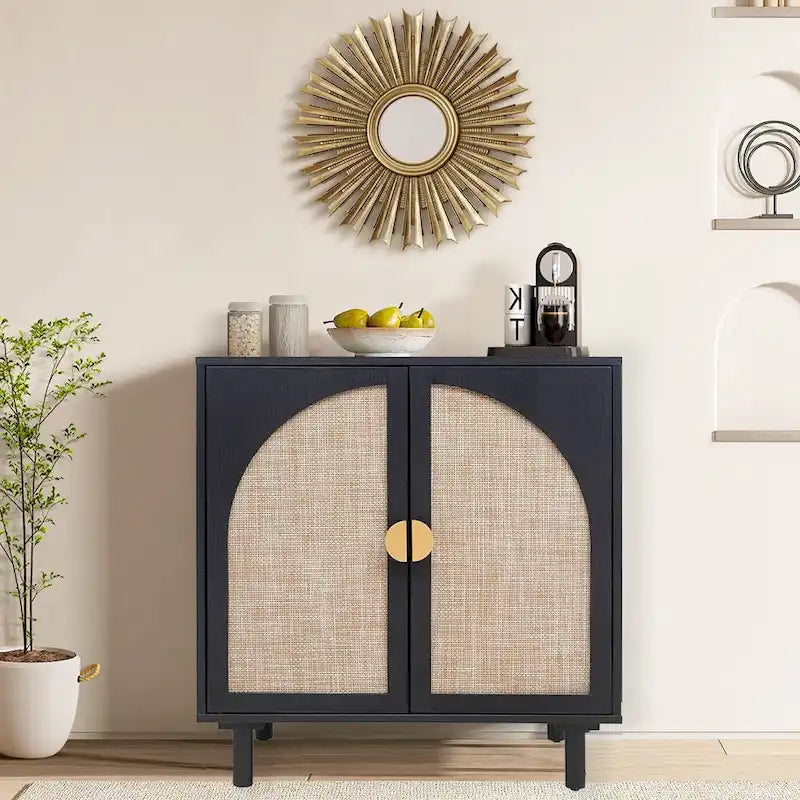 Rattan Door Accent Storage Cabinet with Arched Panel Adjustable Shelf and Anti-Tip Fitting