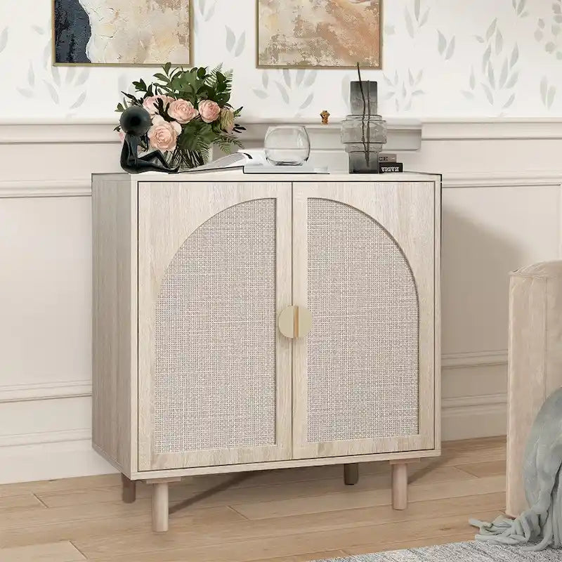 Rattan Door Accent Storage Cabinet with Arched Panel Adjustable Shelf and Anti-Tip Fitting