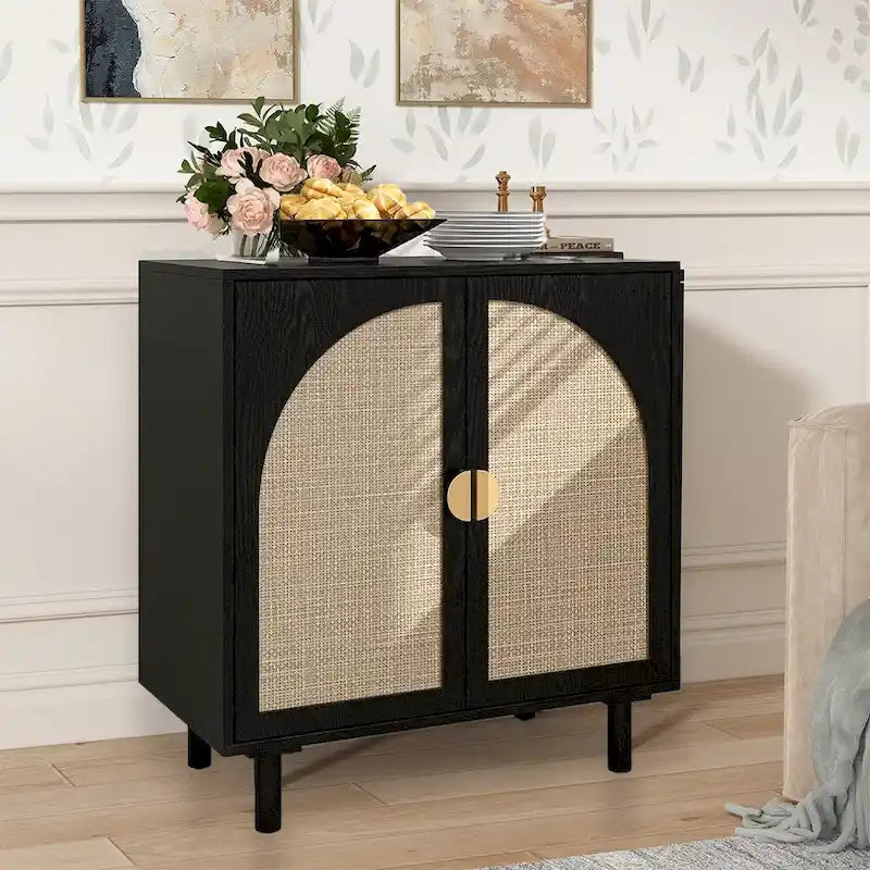 Rattan Door Accent Storage Cabinet with Arched Panel Adjustable Shelf and Anti-Tip Fitting