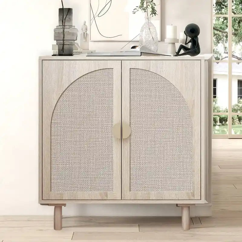 Rattan Door Accent Storage Cabinet with Arched Panel Adjustable Shelf and Anti-Tip Fitting