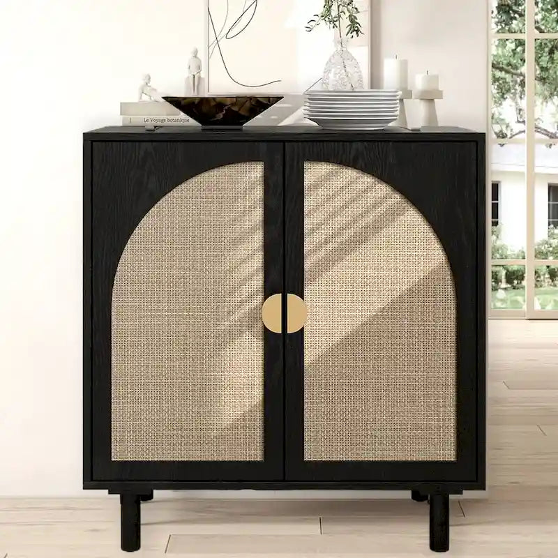 Rattan Door Accent Storage Cabinet with Arched Panel Adjustable Shelf and Anti-Tip Fitting