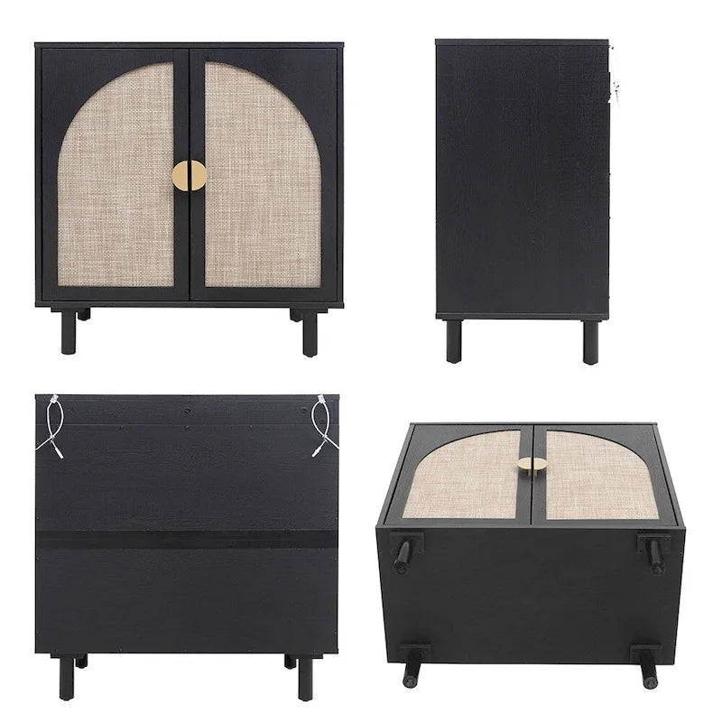 Rattan Door Accent Storage Cabinet with Arched Panel Adjustable Shelf and Anti-Tip Fitting