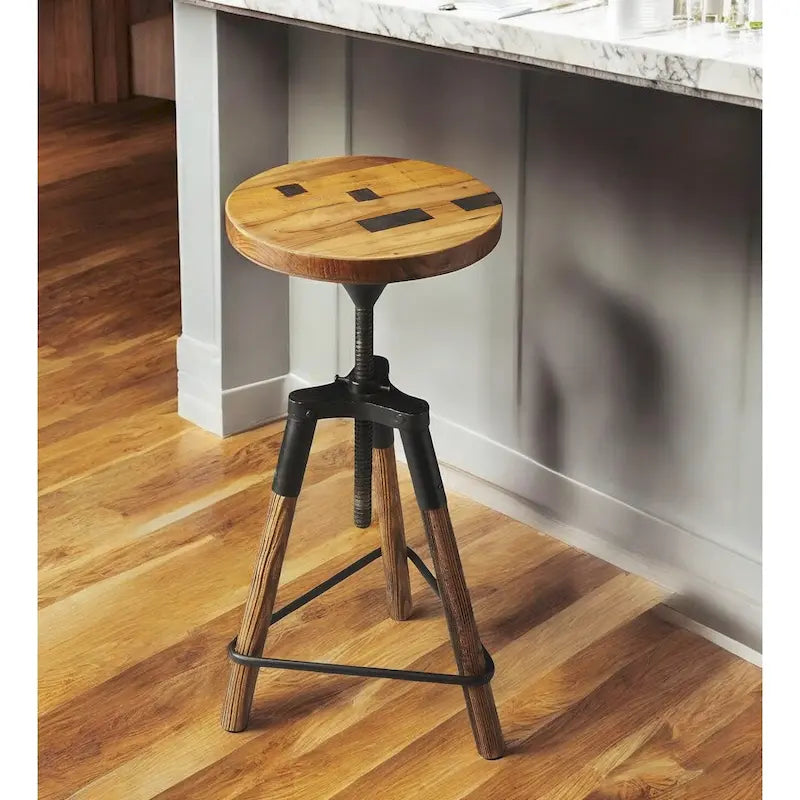 Reclaimed Wood Round Swivel Bar Stool with Adjustable Height and Iron Legs