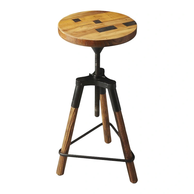 Reclaimed Wood Round Swivel Bar Stool with Adjustable Height and Iron Legs