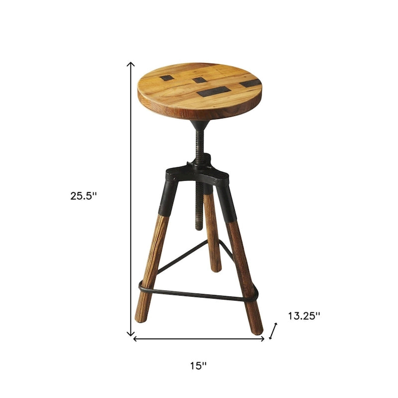 Reclaimed Wood Round Swivel Bar Stool with Adjustable Height and Iron Legs