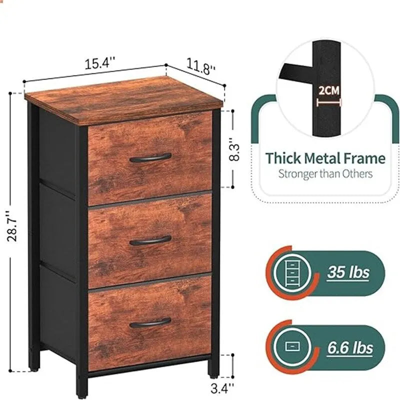 3-Drawer Fabric Dresser and Nightstand with Steel Frame and MDF Wood Top Removable Foldable Drawers