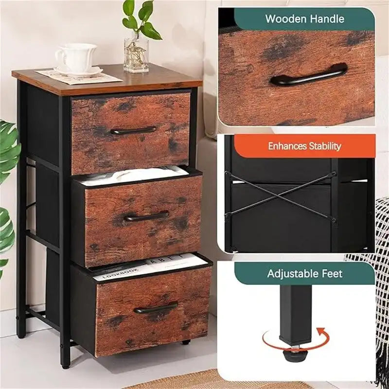 3-Drawer Fabric Dresser and Nightstand with Steel Frame and MDF Wood Top Removable Foldable Drawers