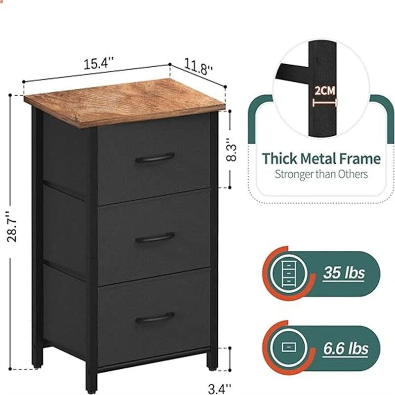 3-Drawer Fabric Dresser and Nightstand with Steel Frame and MDF Wood Top Removable Foldable Drawers