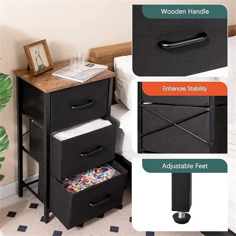 3-Drawer Fabric Dresser and Nightstand with Steel Frame and MDF Wood Top Removable Foldable Drawers