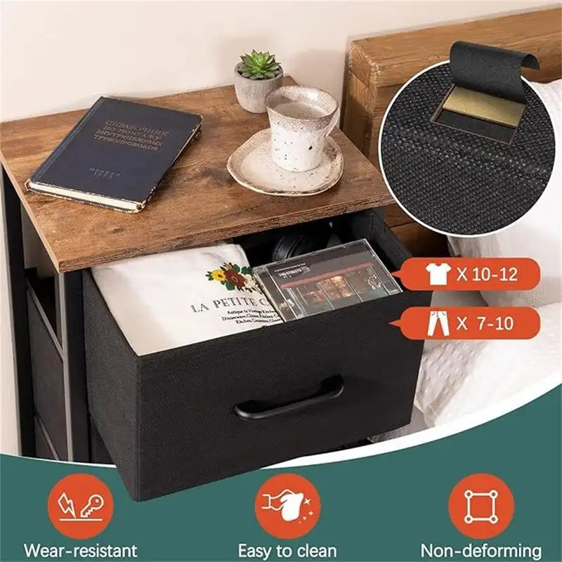 3-Drawer Fabric Dresser and Nightstand with Steel Frame and MDF Wood Top Removable Foldable Drawers