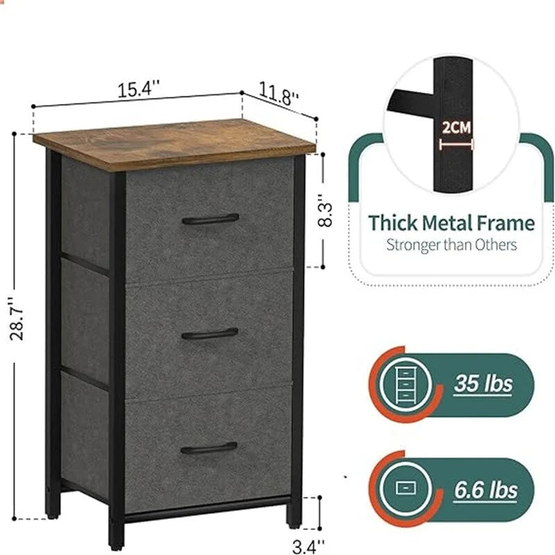 3-Drawer Fabric Dresser and Nightstand with Steel Frame and MDF Wood Top Removable Foldable Drawers