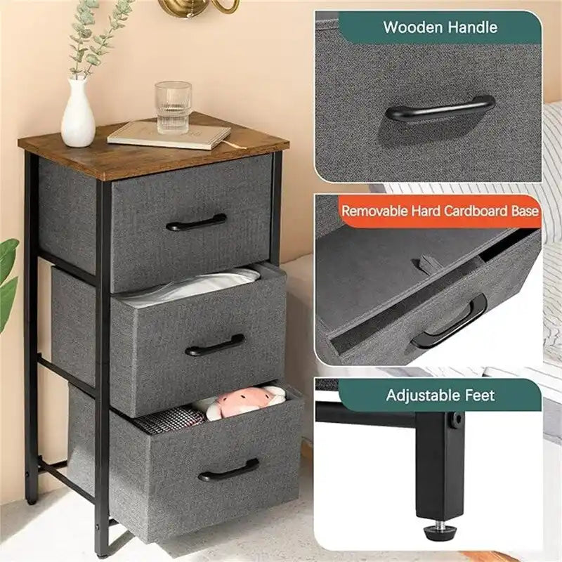 3-Drawer Fabric Dresser and Nightstand with Steel Frame and MDF Wood Top Removable Foldable Drawers