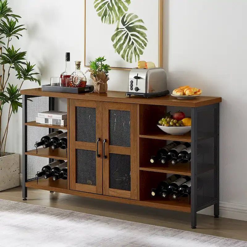 55-Inch Industrial Wine Bar Cabinet Sideboard with Wine Racks Stemware Hanger and Mesh Panel Doors