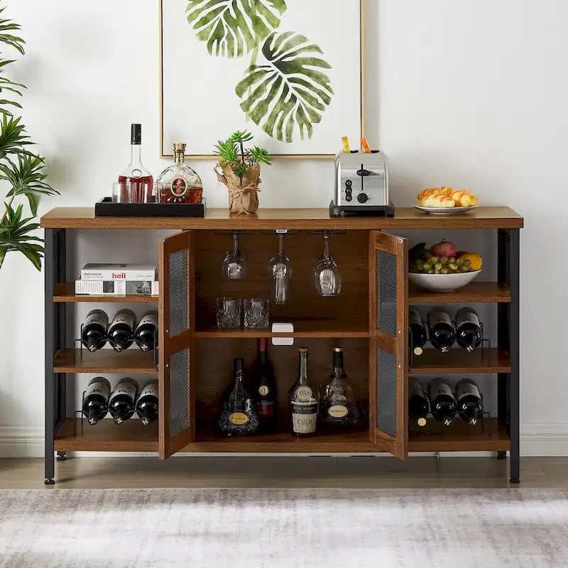 55-Inch Industrial Wine Bar Cabinet Sideboard with Wine Racks Stemware Hanger and Mesh Panel Doors