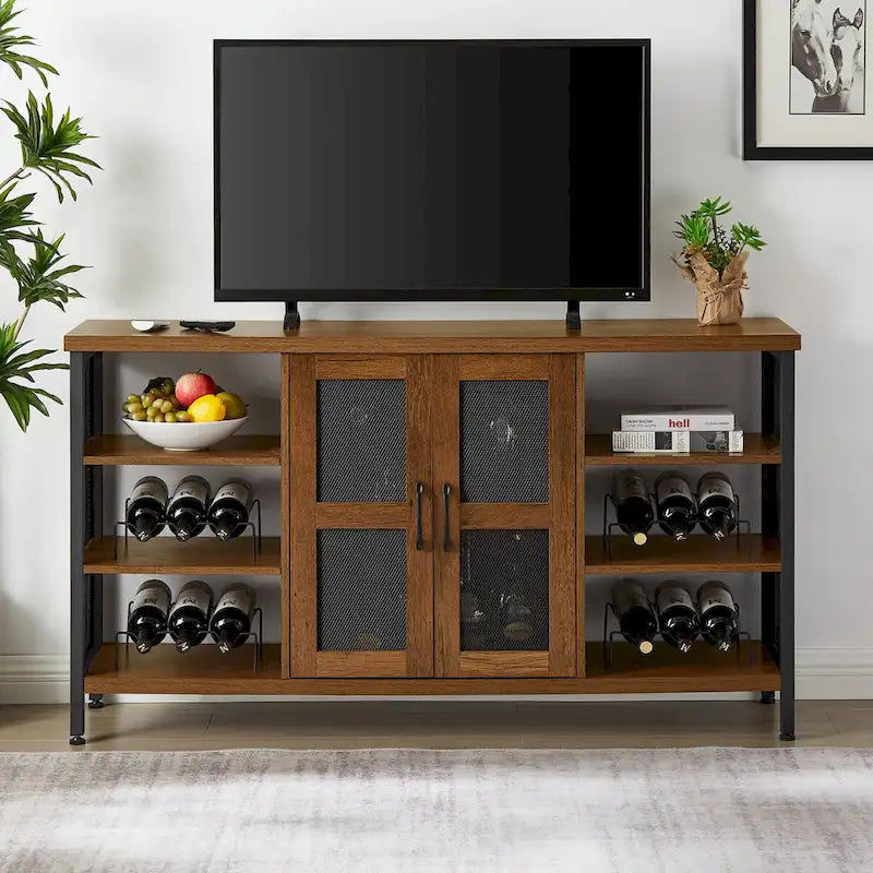 55-Inch Industrial Wine Bar Cabinet Sideboard with Wine Racks Stemware Hanger and Mesh Panel Doors