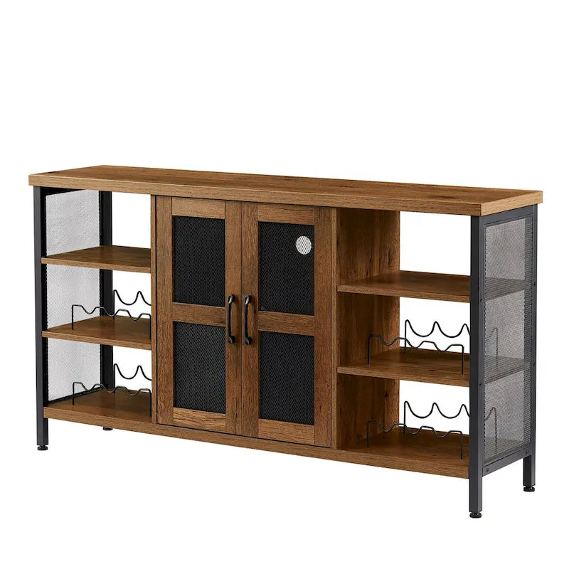 55-Inch Industrial Wine Bar Cabinet Sideboard with Wine Racks Stemware Hanger and Mesh Panel Doors