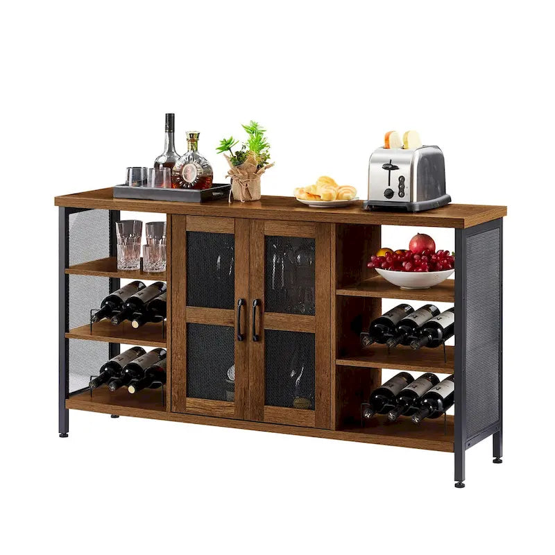 55-Inch Industrial Wine Bar Cabinet Sideboard with Wine Racks Stemware Hanger and Mesh Panel Doors