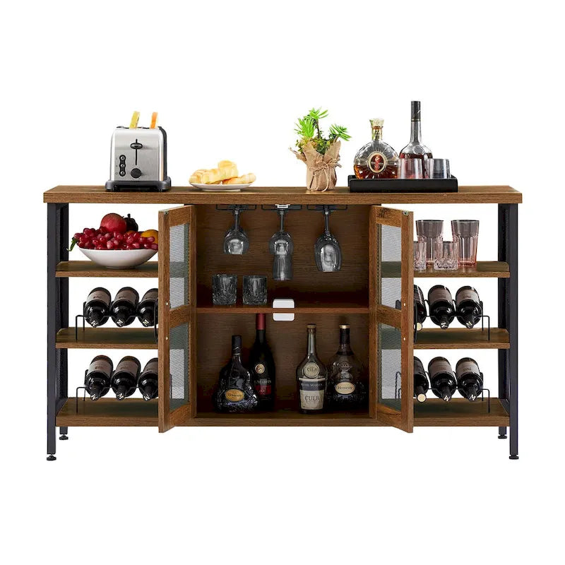 55-Inch Industrial Wine Bar Cabinet Sideboard with Wine Racks Stemware Hanger and Mesh Panel Doors