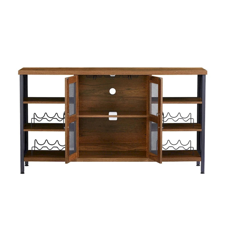 55-Inch Industrial Wine Bar Cabinet Sideboard with Wine Racks Stemware Hanger and Mesh Panel Doors
