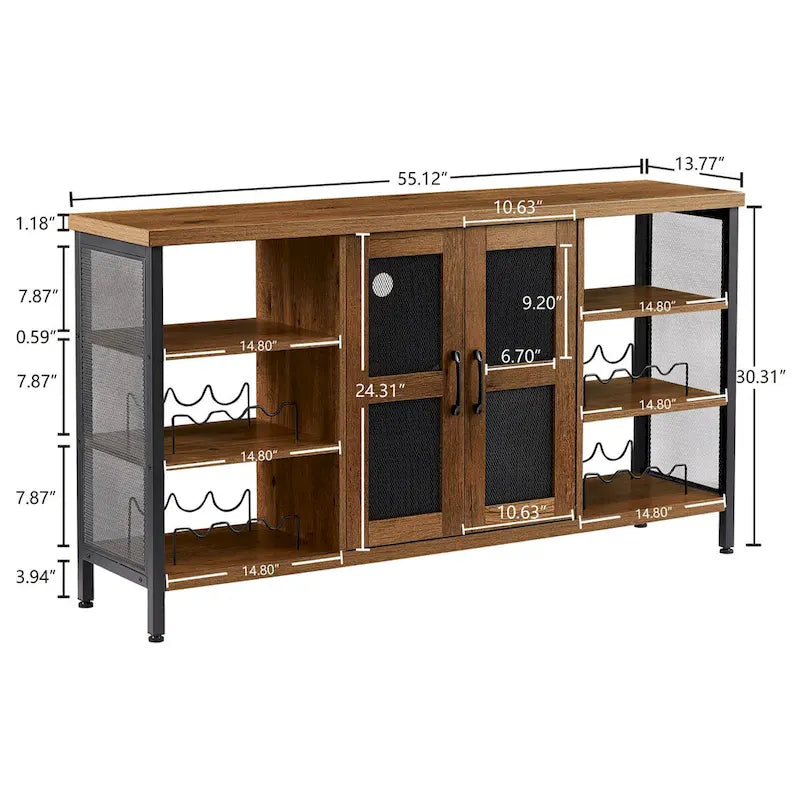 55-Inch Industrial Wine Bar Cabinet Sideboard with Wine Racks Stemware Hanger and Mesh Panel Doors