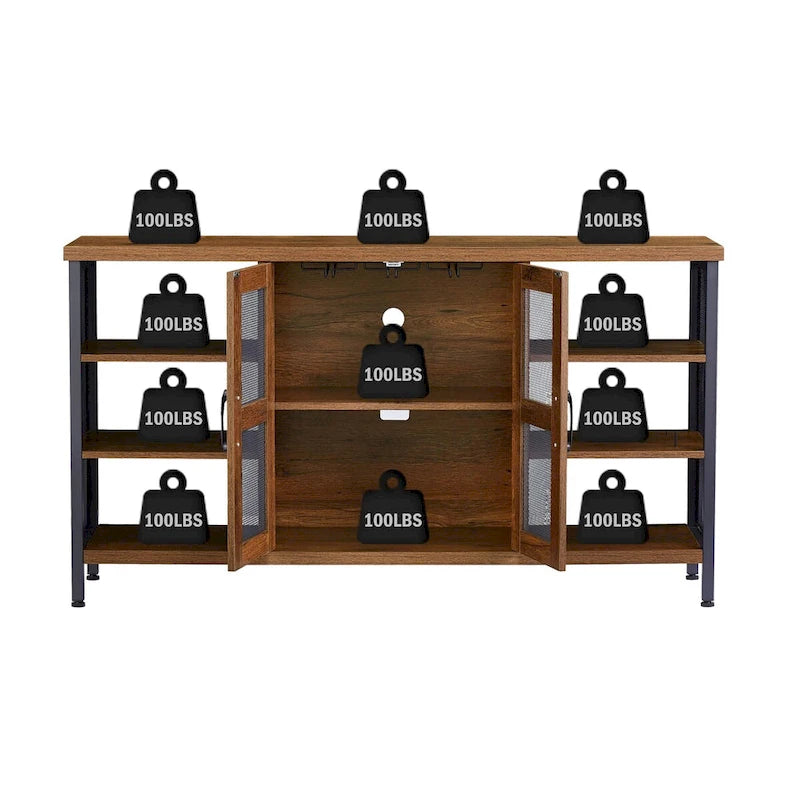 55-Inch Industrial Wine Bar Cabinet Sideboard with Wine Racks Stemware Hanger and Mesh Panel Doors
