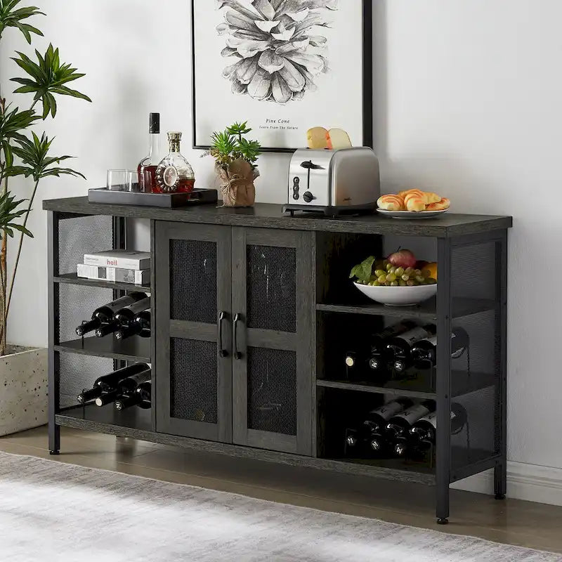 55-Inch Industrial Wine Bar Cabinet Sideboard with Wine Racks Stemware Hanger and Mesh Panel Doors