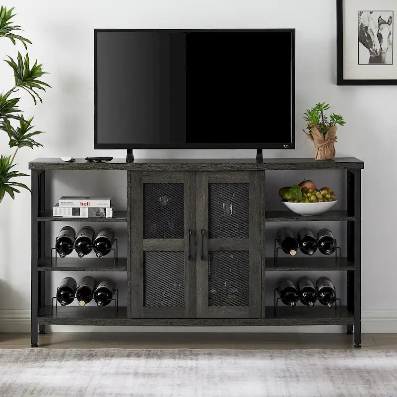 55-Inch Industrial Wine Bar Cabinet Sideboard with Wine Racks Stemware Hanger and Mesh Panel Doors