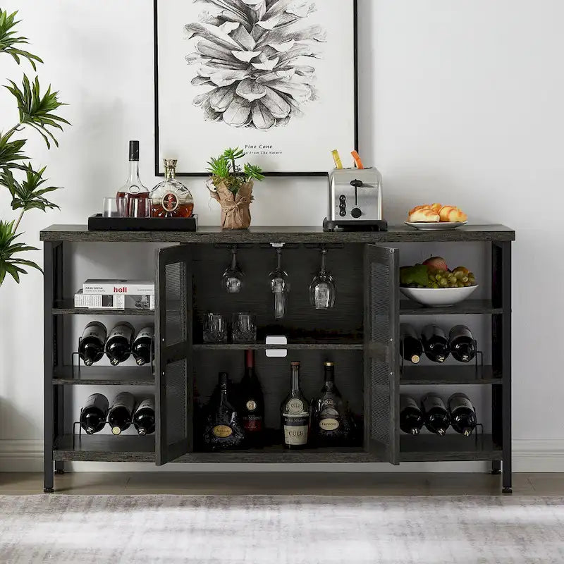 55-Inch Industrial Wine Bar Cabinet Sideboard with Wine Racks Stemware Hanger and Mesh Panel Doors