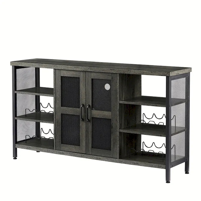 55-Inch Industrial Wine Bar Cabinet Sideboard with Wine Racks Stemware Hanger and Mesh Panel Doors