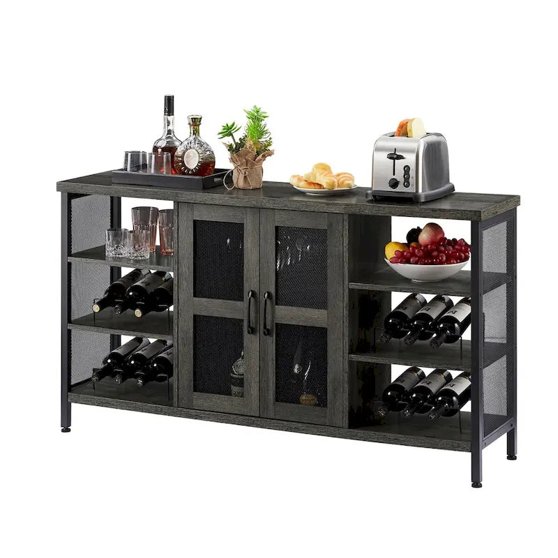 55-Inch Industrial Wine Bar Cabinet Sideboard with Wine Racks Stemware Hanger and Mesh Panel Doors