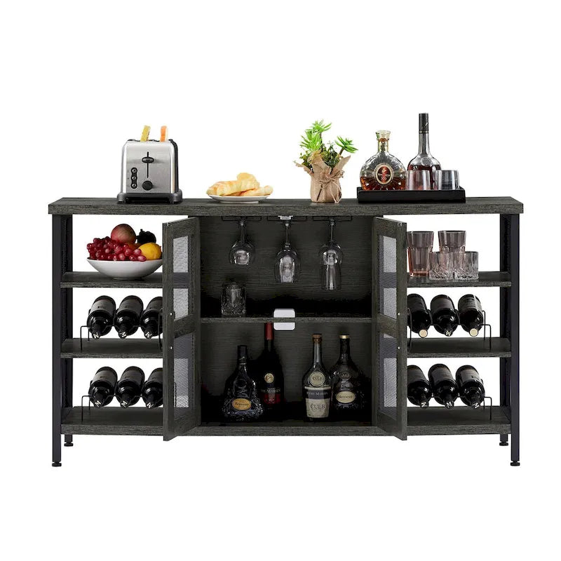 55-Inch Industrial Wine Bar Cabinet Sideboard with Wine Racks Stemware Hanger and Mesh Panel Doors