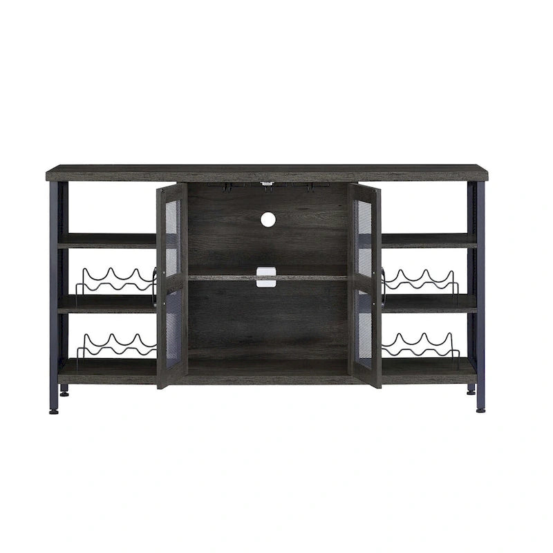 55-Inch Industrial Wine Bar Cabinet Sideboard with Wine Racks Stemware Hanger and Mesh Panel Doors