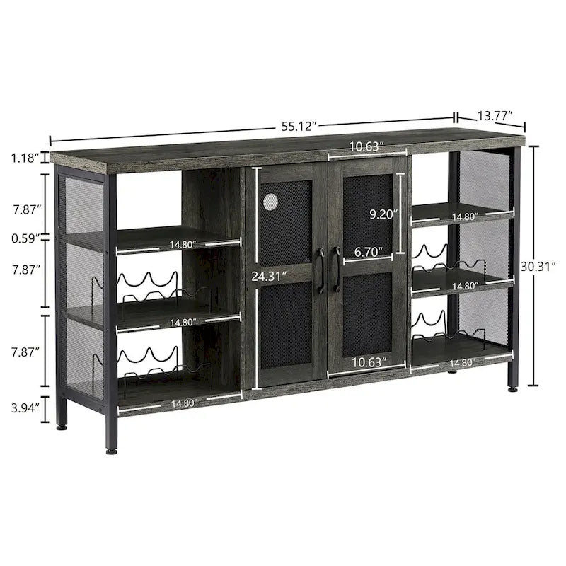 55-Inch Industrial Wine Bar Cabinet Sideboard with Wine Racks Stemware Hanger and Mesh Panel Doors