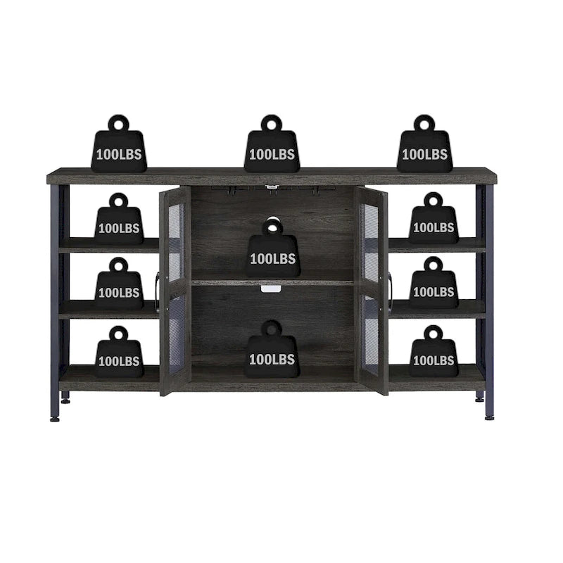 55-Inch Industrial Wine Bar Cabinet Sideboard with Wine Racks Stemware Hanger and Mesh Panel Doors
