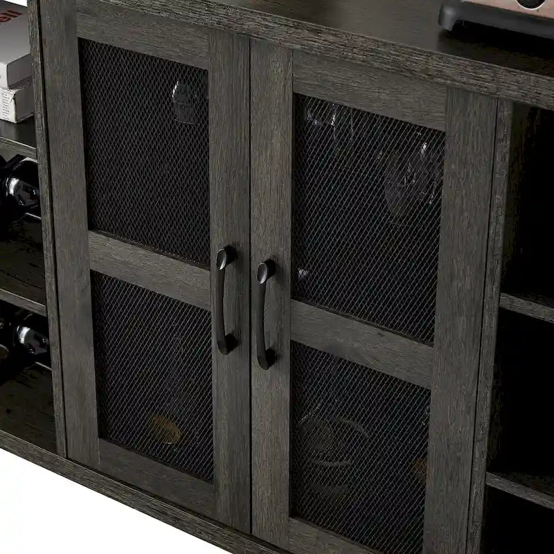 55-Inch Industrial Wine Bar Cabinet Sideboard with Wine Racks Stemware Hanger and Mesh Panel Doors