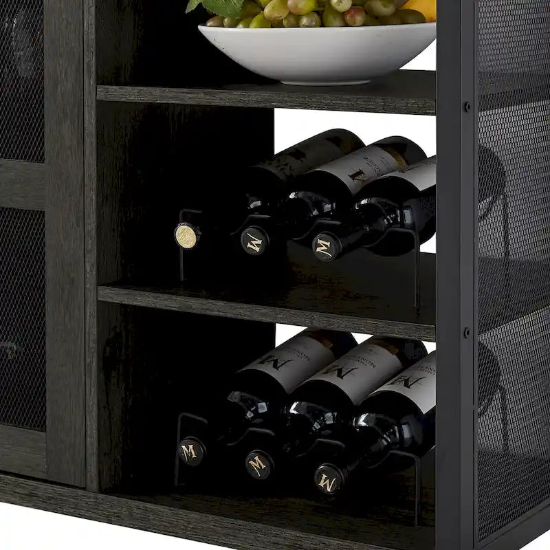 55-Inch Industrial Wine Bar Cabinet Sideboard with Wine Racks Stemware Hanger and Mesh Panel Doors