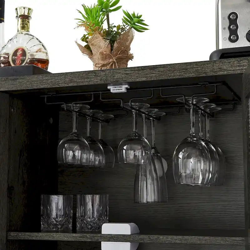 55-Inch Industrial Wine Bar Cabinet Sideboard with Wine Racks Stemware Hanger and Mesh Panel Doors
