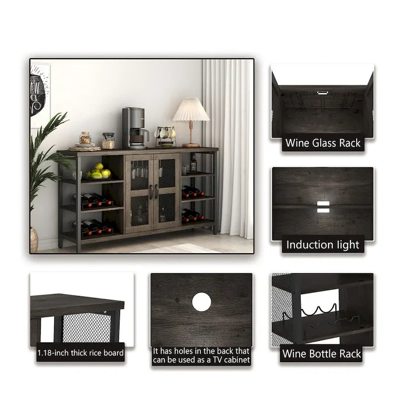 55-Inch Industrial Wine Bar Cabinet Sideboard with Wine Racks Stemware Hanger and Mesh Panel Doors